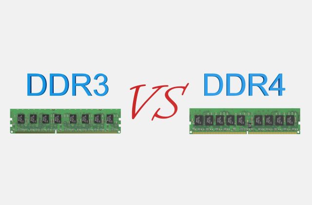 Napis DDR3 vs DDR4 wraz z pokazanymi miniaturkami przykładowych pamięci RAM