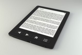 E-book na szarym tle z wyświetlaną treścią