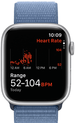 Apple Watch Series 9 pokazujący aplikację Tętno