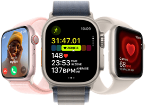 Apple Watch Series 9 skierowany lekko w lewo, Apple Watch Ultra 2 skierowany do przodu, Apple Watch SE skierowany lekko w prawo