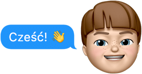 Memoji przedstawiające dziecko obok wiadomości tekstowej „Cześć!” wraz z emoji machającej dłoni