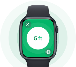 Apple Watch Series 9 pokazujący funkcję Znajdowanie dokładne na przykładzie iPhone’a