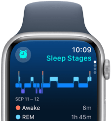 Apple Watch Series 9 pokazujący informacje o fazach snu