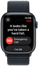 Apple Watch Series 9 wykrywający groźny upadek i pokazujący opcję wykonania połączenia alarmowego