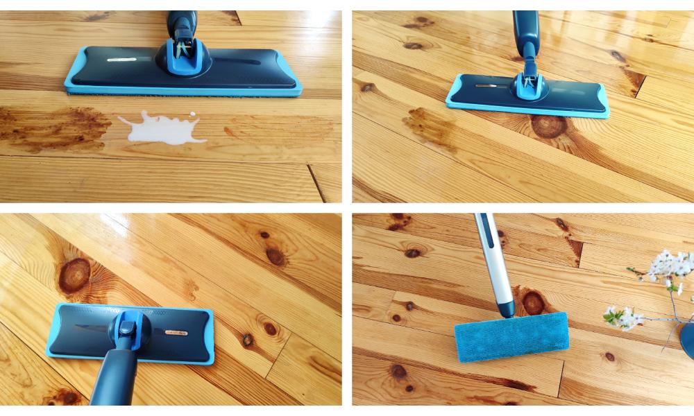test mopa elektrycznego Philips OneUp 5000 - zmywanie plam z podłogi drewnianej
