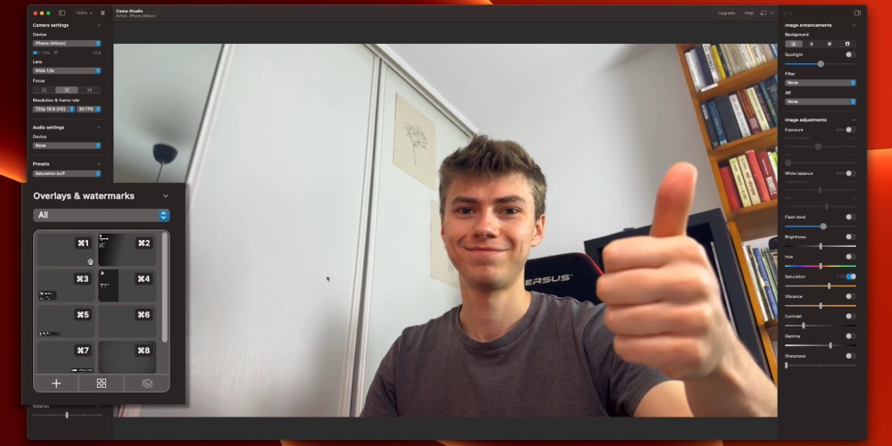 zrzut ekranu pokazujący klienta programu Camo App przechwytującemu obraz streamera z kamery smartfona