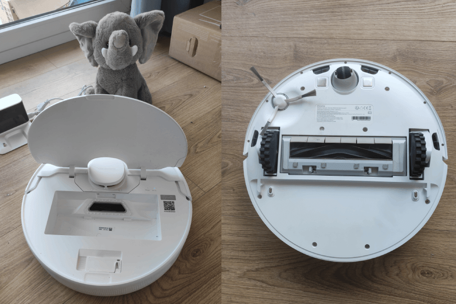 a górze robota znajduje się klapka, która po otworzeniu daje nam dostęp do zbiornika na brud o pojemności 0,57 litra. 