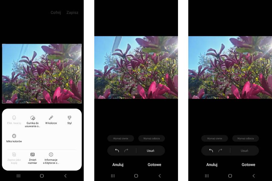 Duże wrażenie zrobiło na mnie działanie narzędzia Gumka do usuwania obiektów w domyślnym edytorze zdjęć. Wystarczy wybrać narzędzie i nacisnąć na zdjęciu obiekt, który chcemy usunąć, np. druty wysokiego napięcia szpecące niebo.