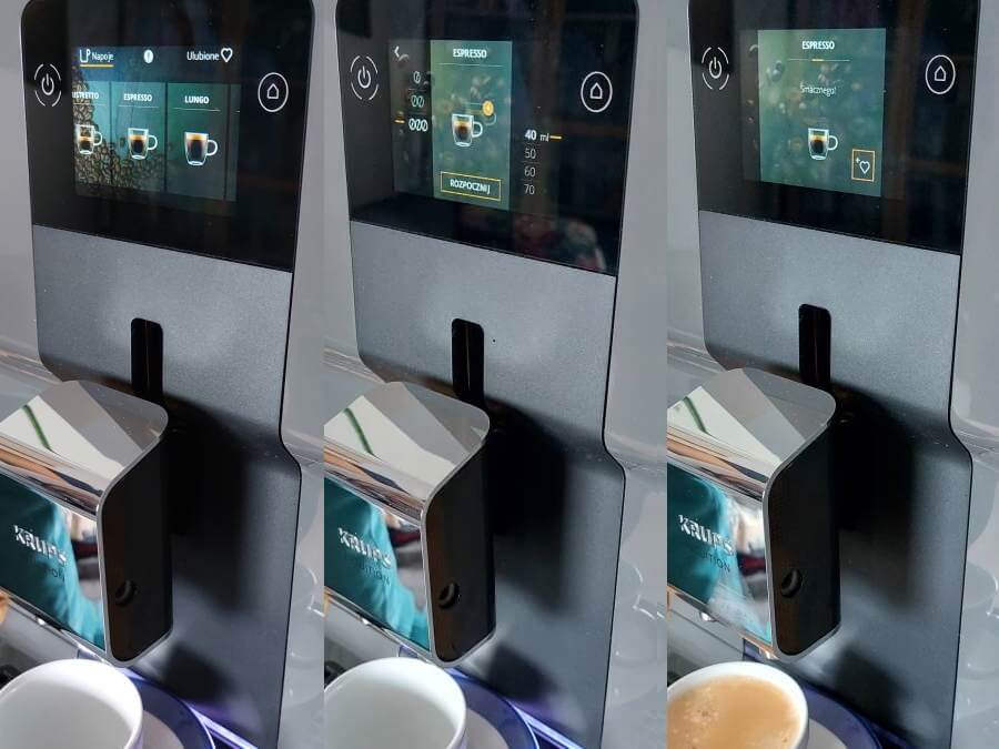 Kolejne komunikaty na ekranie ekspresu Krups Intuition Preference EA872B podczas parzenia espresso