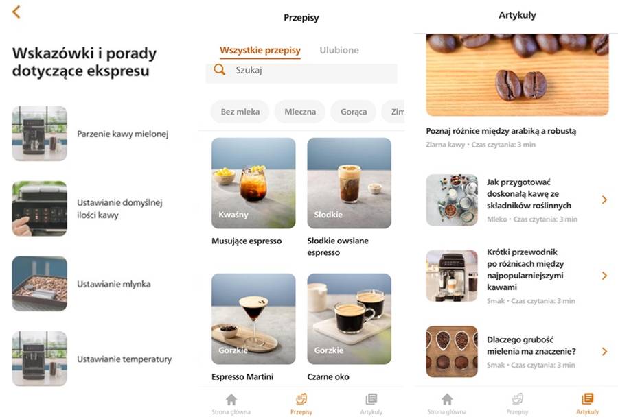 Screeny z aplikacji do ekspresu Philips LatteGo seria 3300