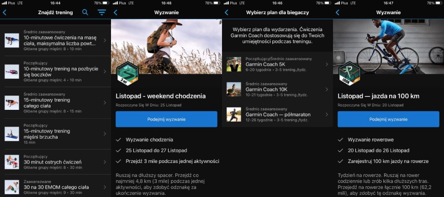 Zrzuty ekranu z aplikacji Garmin Connect