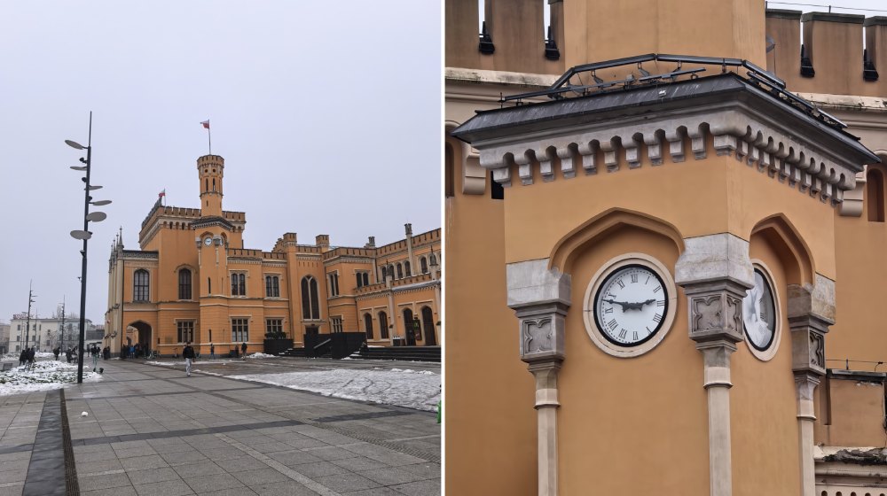 porównanie zdjęć, zbliżenie na zegar dworca głównego we Wrocławiu