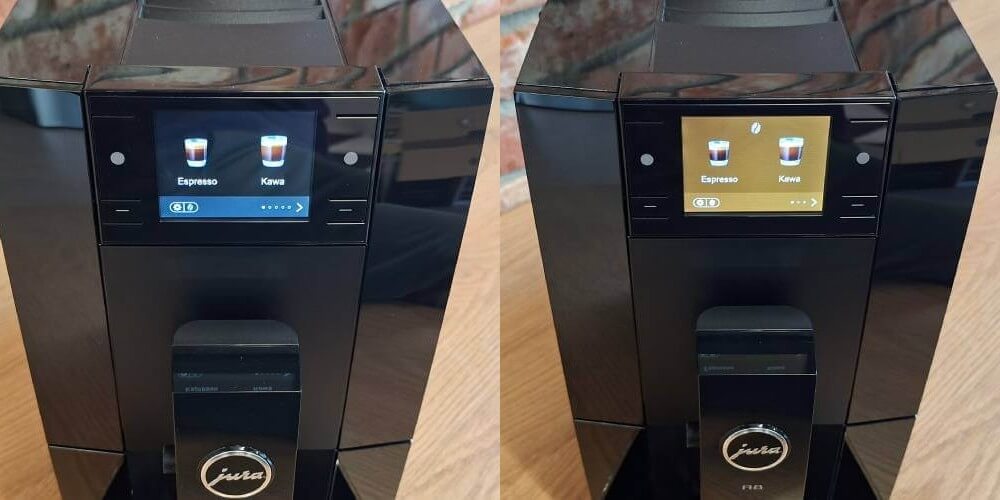 Ekrany ekspresu Jura A8 ze zmienionym kolorem tła odpowiednio dla Hot Brew i Light Brew