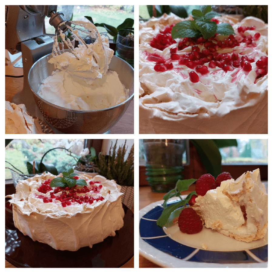 Kolaż czterech zdjęć, kt&oacute;re przedstawiają krem na bazie bitej śmietany przygotowany w robocie planetarnym, gotową bezę Pavlova z dodatkiem granata i mięty, ukrojony kawałek Pavlovej na talerzyku