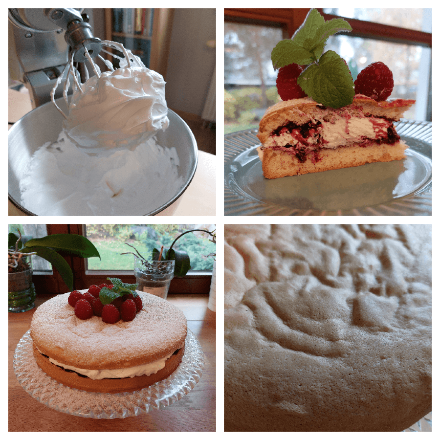 Kolaż z czterech zdjęć, które przestawiają ciasto biszkoptowe przygotowane w KitchenAidzie, przedstawiają pianę ubitą z białek, upieczony biszkopt, gotowe ciasto przełożone kremem, i kawałek ciasta na talerzyku