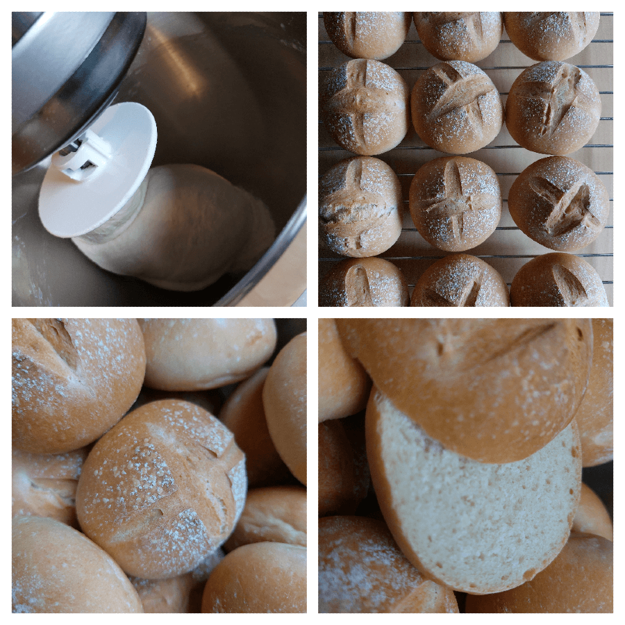 Kolaż z czterech zdjęć, które przedstawiają wyrabianie ciasta drożdżowego, gotowe, upieczone kajzerki i środek rozkrojonej bułki
