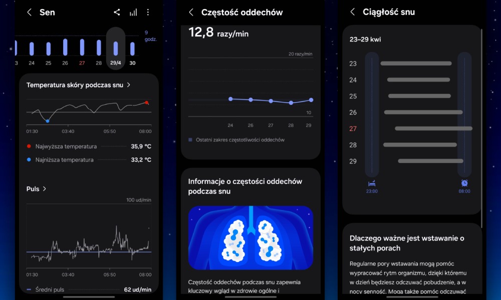 aplikacja Samsung Health z pomiarami snu