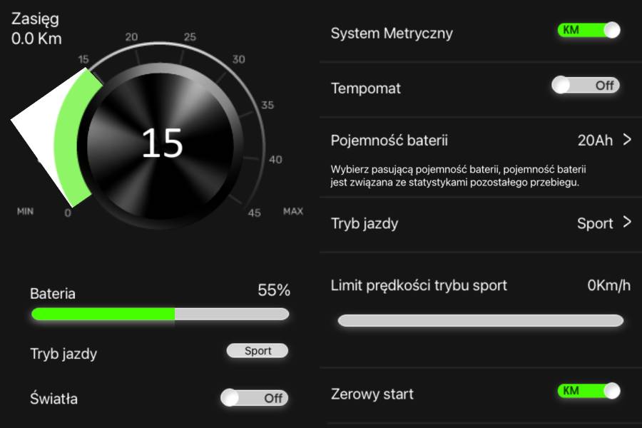 Zrzuty ekranu z aplikacji łączącej się z hulajnogą