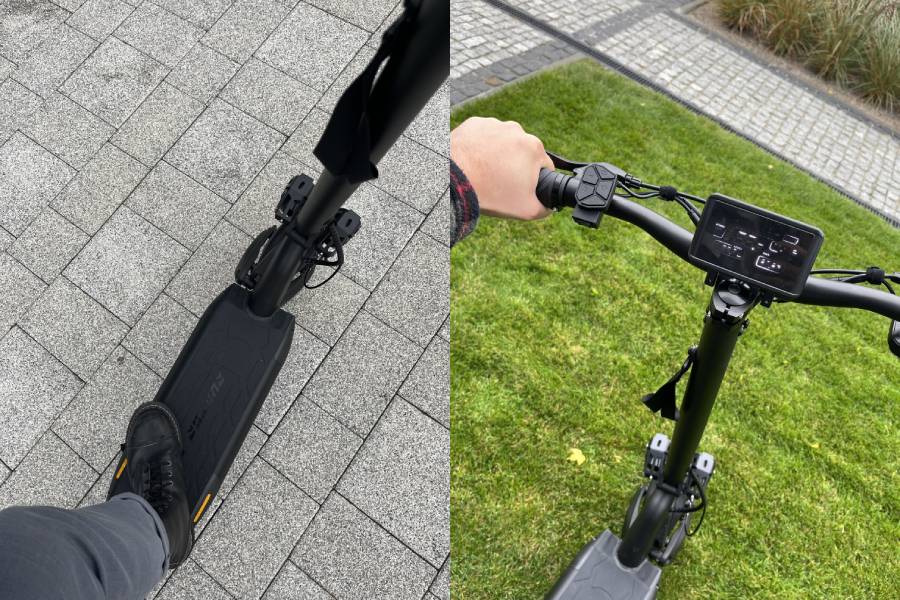 Widok na hulajnogę i jej ekran z perspektywy użytkownika