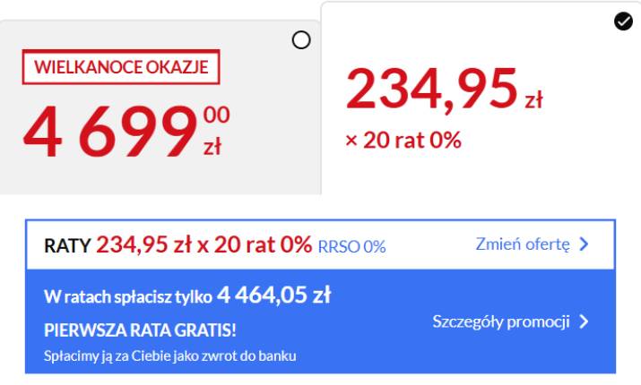 Przykładowa cena w promocji rata gratis w sklepie internetowym RTV EURO AGD