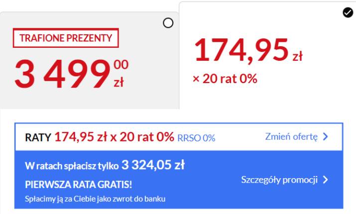 Przykładowa cena produktu w promocji pierwsza rata gratis w RTV EURO AGD