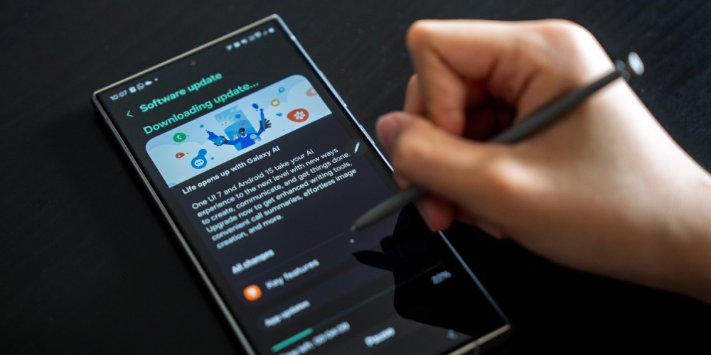Smartfon z systemem android gotowy do aktualizacji leżący na stole.