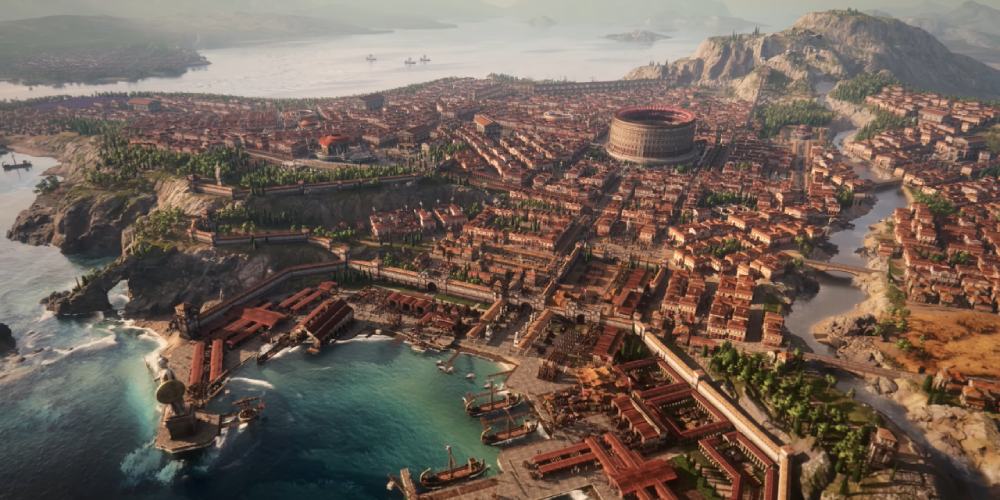 widok z lotu ptaka na rozległe starożytne rzymskie miasto