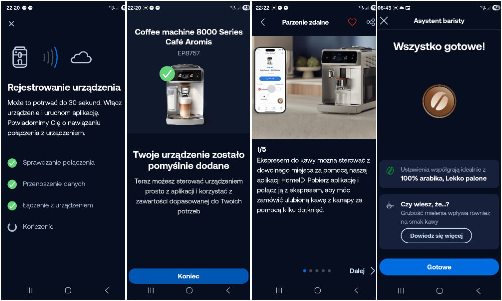 Screeny z aplikacji homeID do sterowania ekspresem Philips 8000 LatteGo Pro Café Aromis EP8757/20