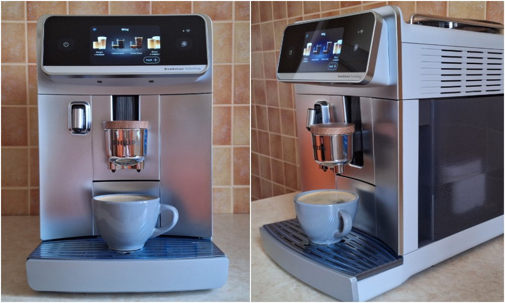 Ekspres Philips 8000 LatteGo Pro EP8757/20 z przodu i z boku z filiżanką kawy.