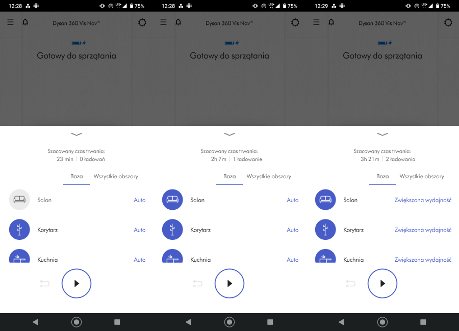 aplikacja my dyson pokazuje przykladowy czas sprzatania