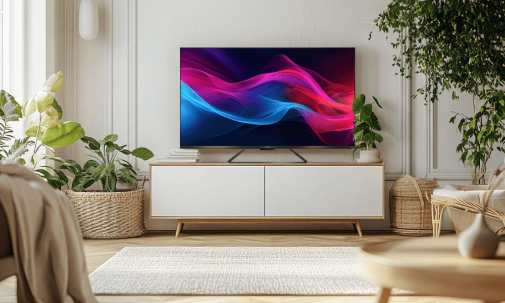 salon w stylu eko - z roślinami, drewnianymi meblami i lampą LED