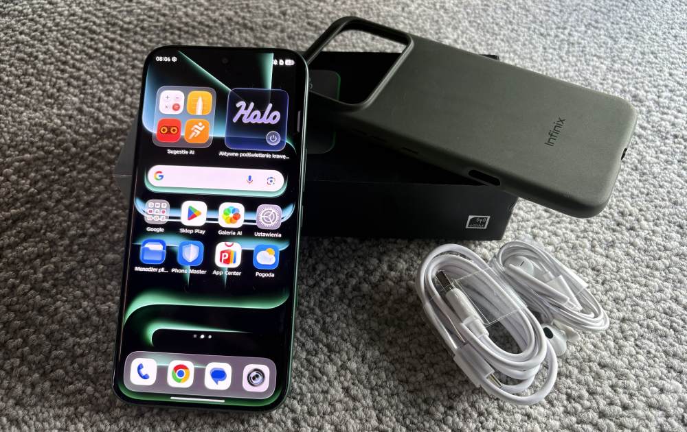 smartfon infinix note edge w zestawie z etui, kablem USB i słuchawkami