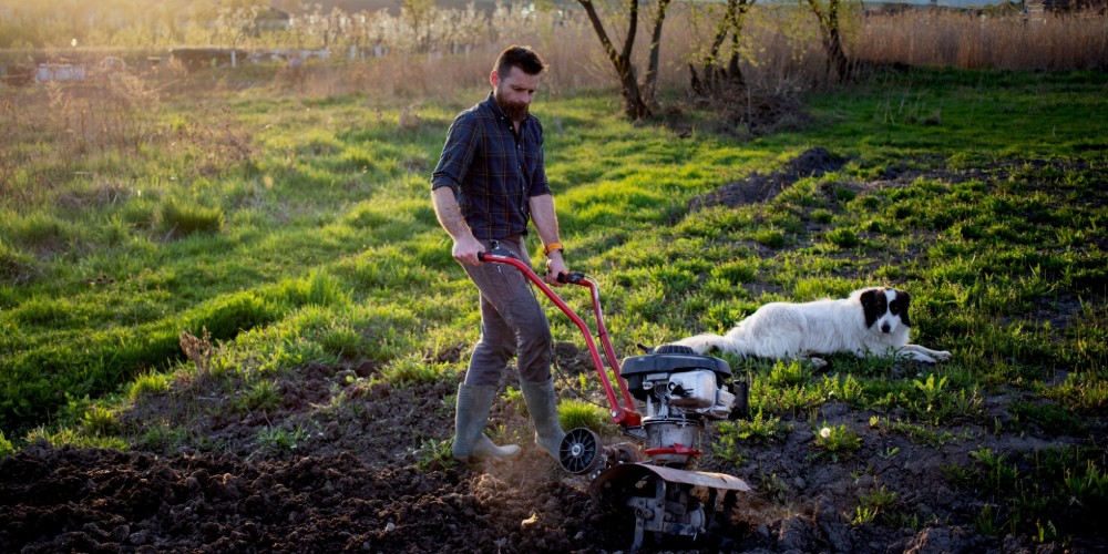 Mężczyzna obsługujący glebogryzarkę