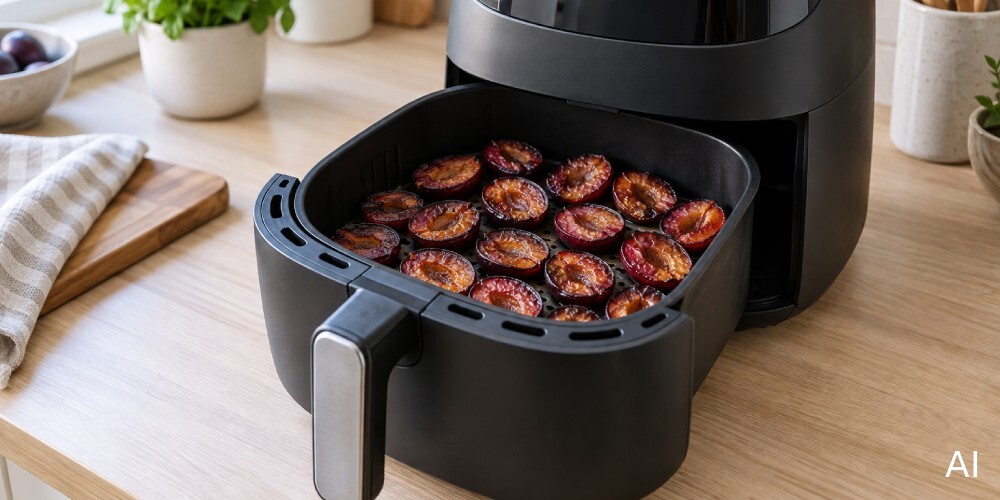 w kuchni stoi air fryer z wysuniętą szufladą, w której suszą się śliwki