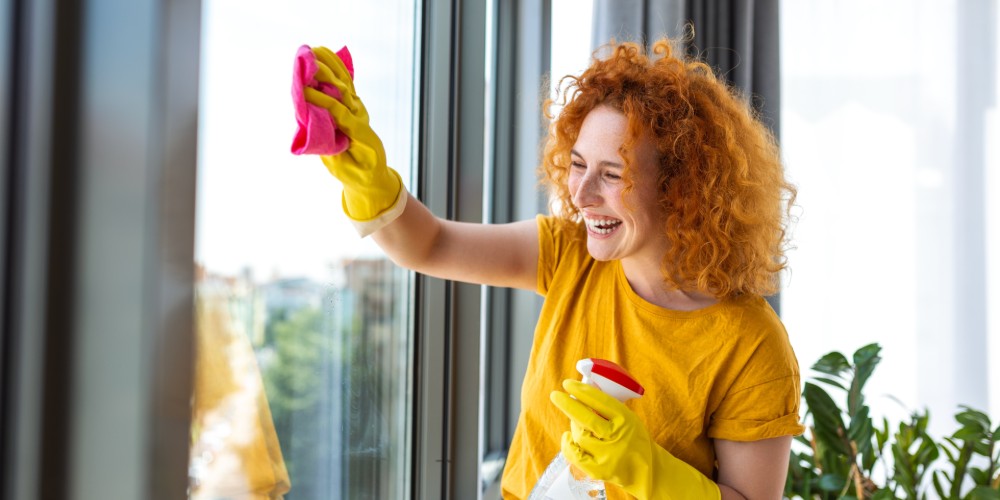 Zadowolona kobieta myjąca okna