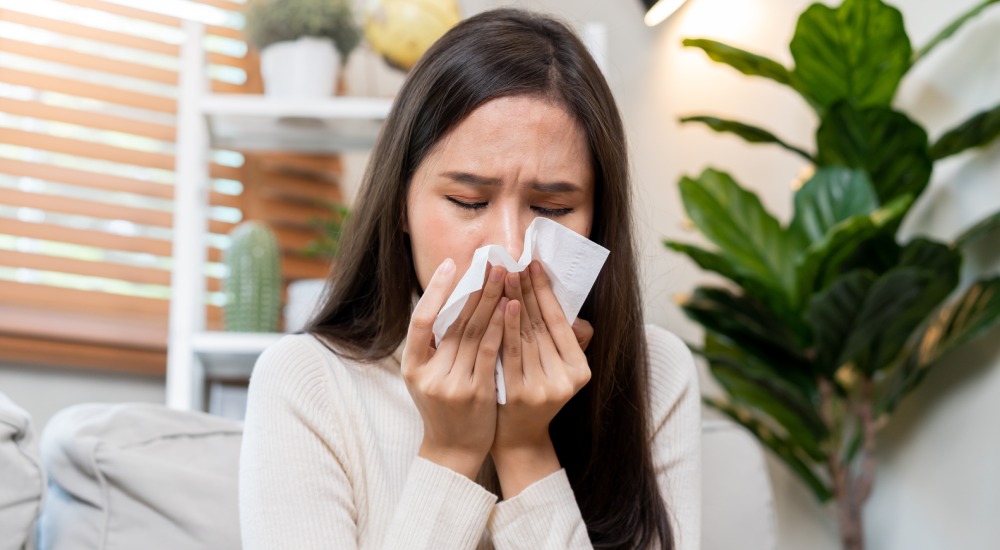 kobieta kicha, bo ma alergię na kurz