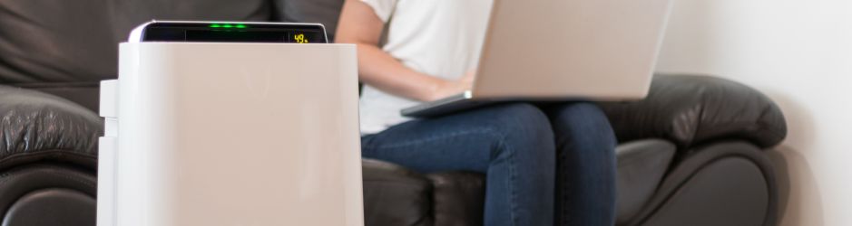 Oczyszczacz powietrza obok kobiety siedzącej na granatowej kanapie z laptopem na kolanach