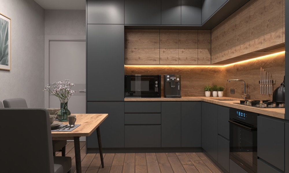 czarna, nowoczesna kuchnia na planie litery L