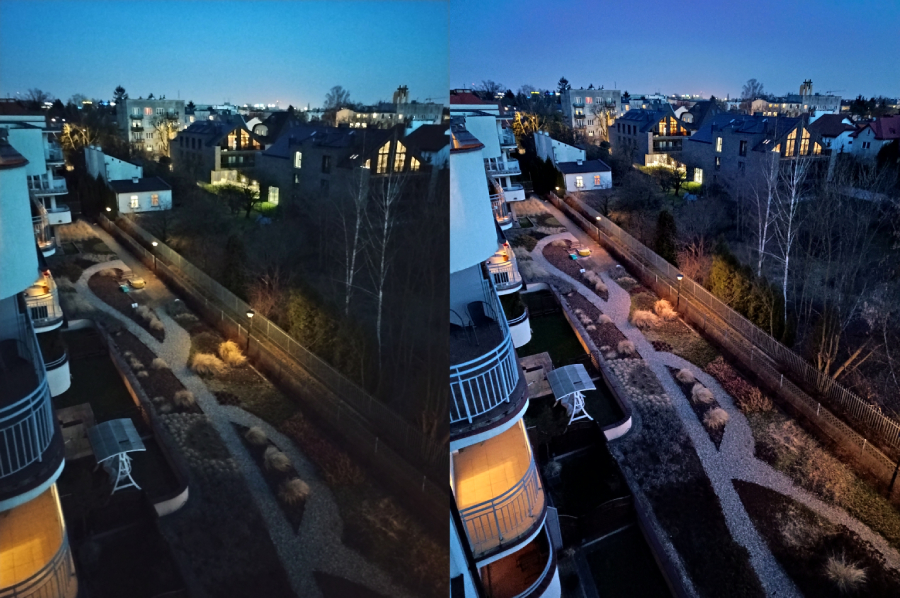 Jednak mankamenty modelu „niższego” najmocniej obnażają tryby nocny i makro. Na zdjęciach wykonanych wieczorową porą w obu smartfonach widać ziarno, ale skala szumu jest nieporównywalna.