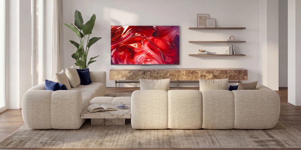 Nowy model smart tv Haier z 2026 roku wiszący na ścianie w salonie.