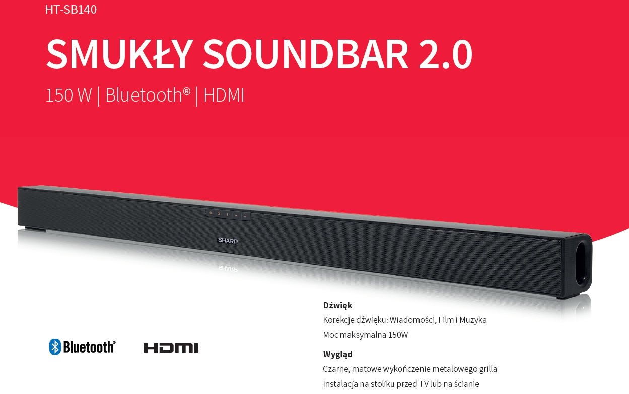 Sharp HT-SB140 Soundbar 2.0 – 150W, Bluetooth, HDMI ARC, Ingresso Ottico E Aux – Nero Opaco