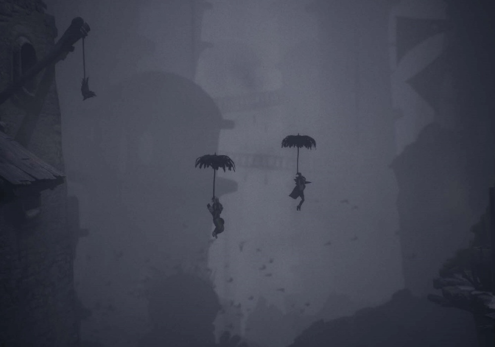 Postacie z Little Nightmares III lleca na parasolkach