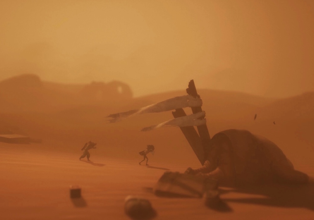 Postacie z Little Nightmares III ida przez pustynne miasto