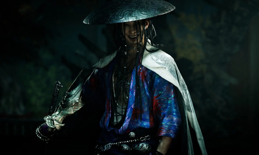 Portret tajemniczej postaci w stożkowatym kapeluszu i wzorzystej szacie z gry Onimusha: Way of the Sword.
