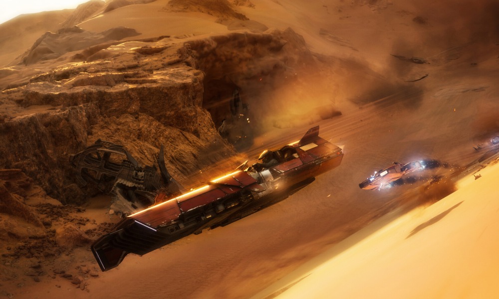 Wyścig futurystycznych pojazdów na pustynnej trasie w Star Wars: Galactic Racer