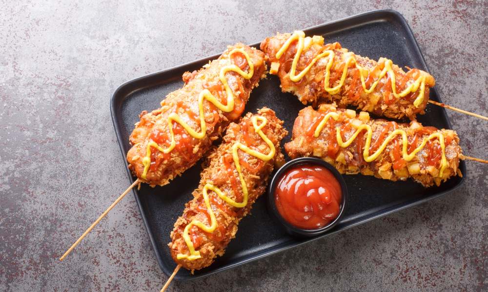 koreańskie corn dogi na talerzu podane z sosem