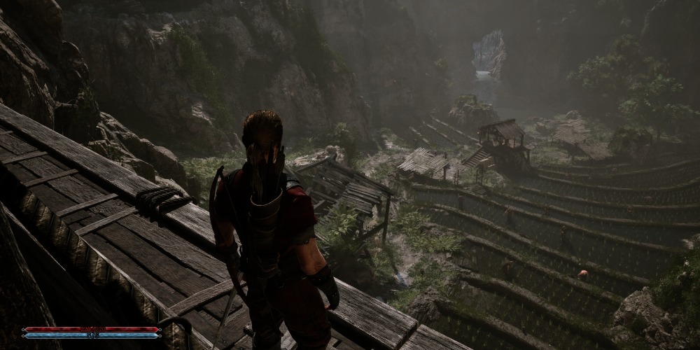 Widok na tarasowe pola ryżowe podczas eksploracji świata gry Gothic 1 Remake