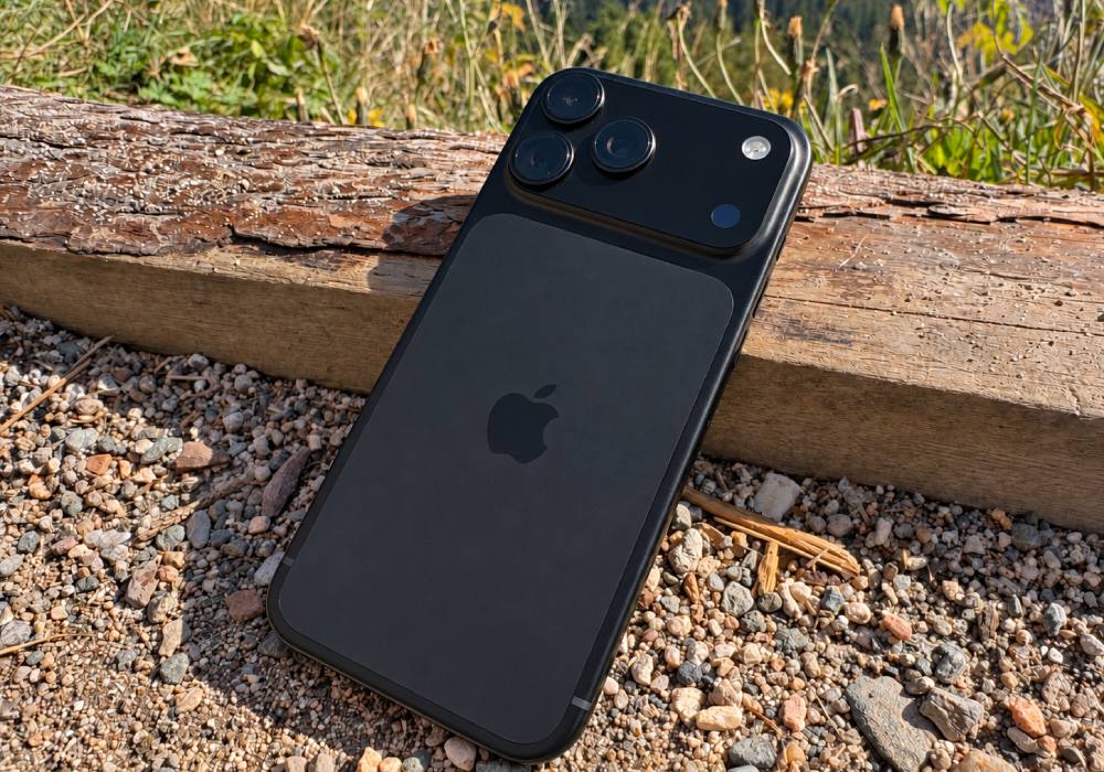 czarny iphone 18 pro max na drewnie i żwirze