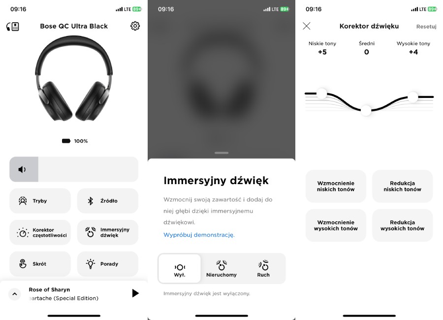 screenshoty z aplikacji Bose Music