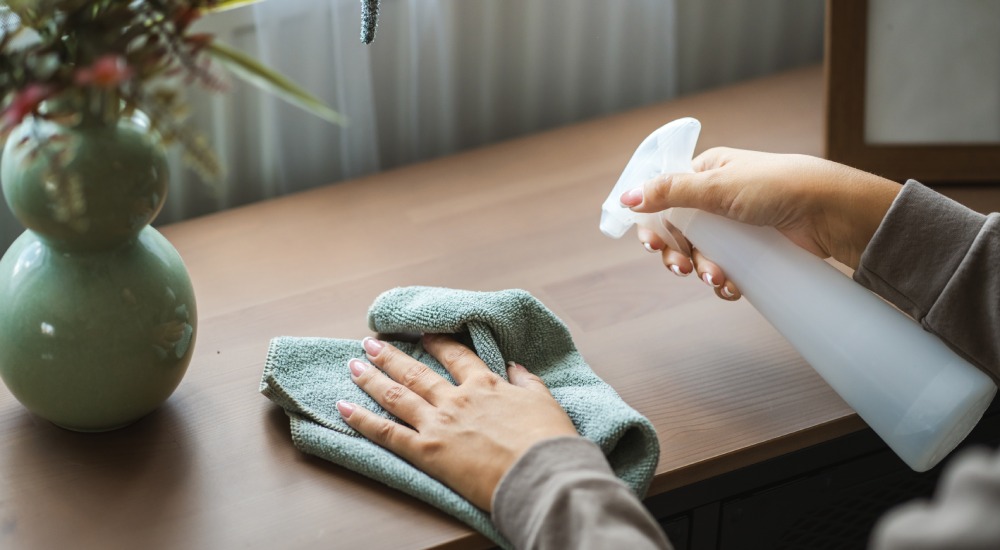 kobieta ściera kurz na mokro